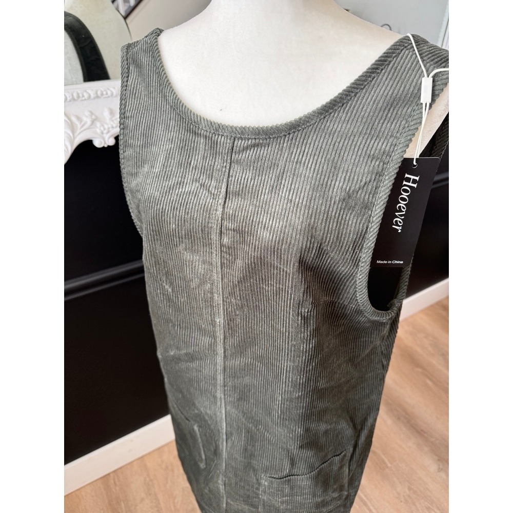 Hooever Olive Green Corduroy Pinafore Dress Sleeveless Scoop Neck Jumper NWT - Picture 3 of 4